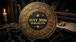 Golden zodiac wheel with July 2026 horoscope text, astrology books, and candlelight.